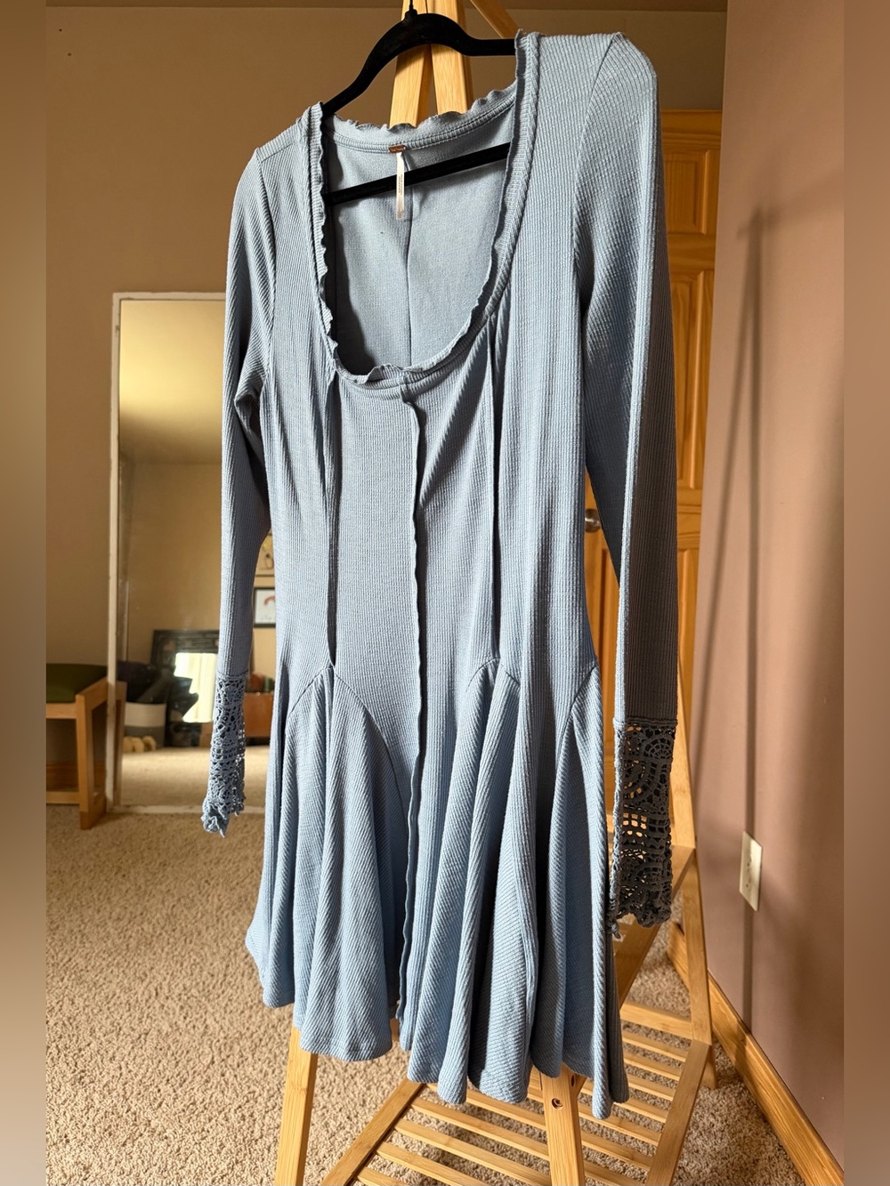 Free People Dusty Blue Ribbed Long-Sleeve Midi Dress with Crochet Cuffs